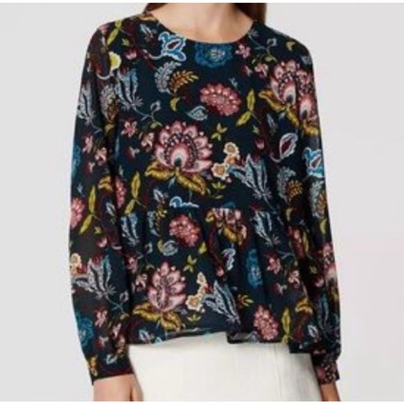 Ann Taylor Loft Top Small Colorful Floral Peplum Long Sleeve Boho Blouse Worn 1x - Picture 3 of 11